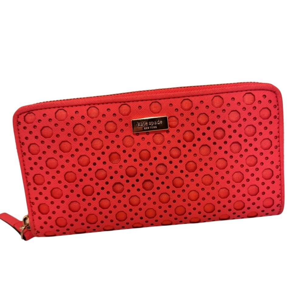 NWOT Kate Spade Coral Perforated Zip-Around Wallet With Gold Hardware orange NEW